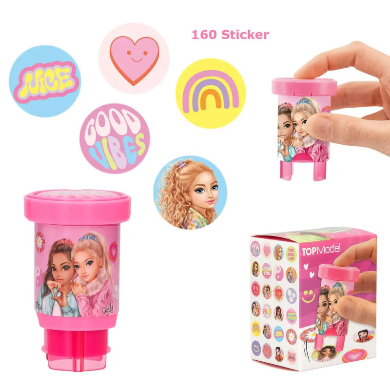 Rosa Stickerstempel mit illustriertem Mädchen, Hand beim Stempeln, Sticker und bunte Produktverpackung abgebildet.