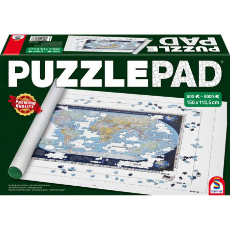 Grüne Box mit der Aufschrift Puzzle Pad und dem Bild eines teilweise fertigen Weltkarten-Puzzles.