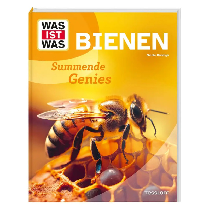 Buchcover WAS IST WAS BIENEN, mit Nahaufnahme einer Biene auf Wabe.