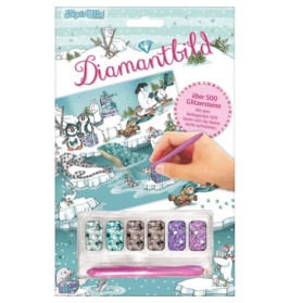 Diamond Painting Set mit arktischen Tieren, funkelnden Steinen, rosa Stift und deutscher Beschriftung.