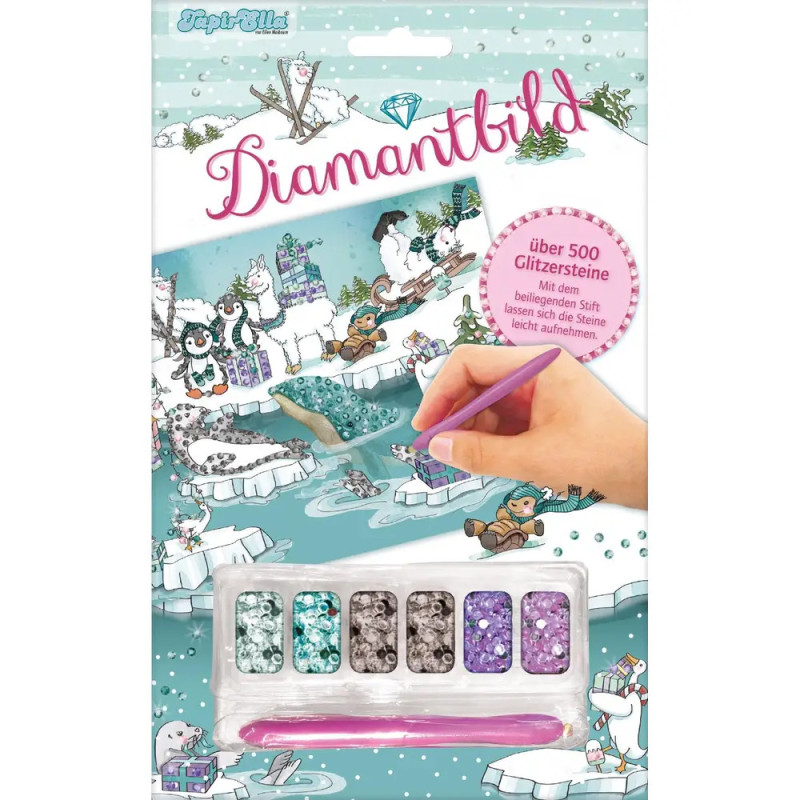 Diamond Painting Set mit arktischen Tieren, funkelnden Steinen, rosa Stift und deutscher Beschriftung.