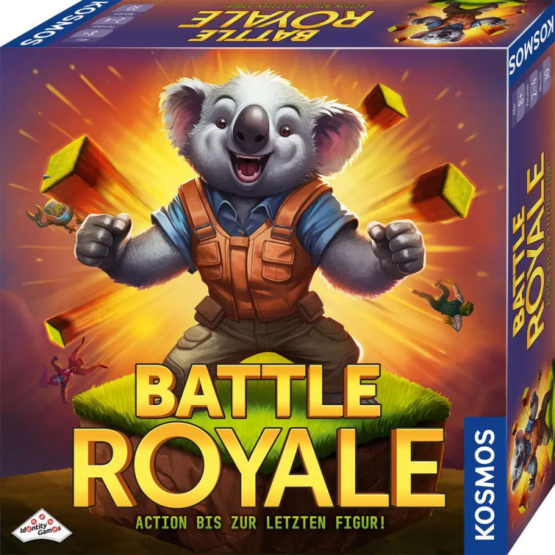 Ein fröhlicher Koala im Westen steht auf Grasplattformen mit Battle Royale-Spieltext und leuchtenden Farben.