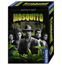 Spieleschachtel von Masters of Crime: Mosquito zeigt fünf ernste Personen in einer Dschungelumgebung.