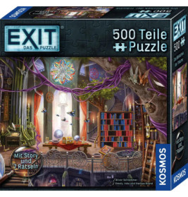 EXIT Puzzle mit 500 Teilen, Motiv: bunte Magiebibliothek, abgebildet auf Schachtel mit Kosmos-Logo.