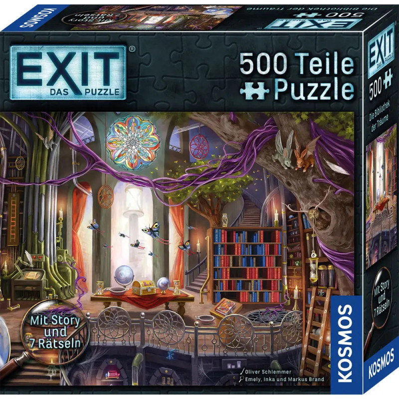 EXIT Puzzle mit 500 Teilen, Motiv: bunte Magiebibliothek, abgebildet auf Schachtel mit Kosmos-Logo.