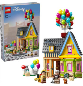 LEGO Disney Set Oben: Haus mit bunten Ballons, Verpackung sowie Minifiguren der Hauptfiguren und eines Hundes.
