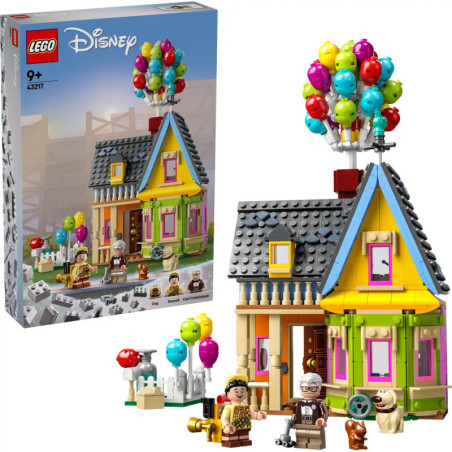 LEGO Disney Set Oben: Haus mit bunten Ballons, Verpackung sowie Minifiguren der Hauptfiguren und eines Hundes.