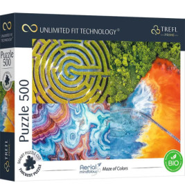 Puzzle-Schachtel mit 4 bunten Luftaufnahmen: Labyrinth, Wald, Regenbogenfluss und Strudelmotiv. 500 Teile.