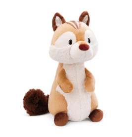 Plüsch-Eichhörnchen mit braun-cremefarbenem Fell, flauschigem Schwanz und roter Nase sitzt aufrecht.