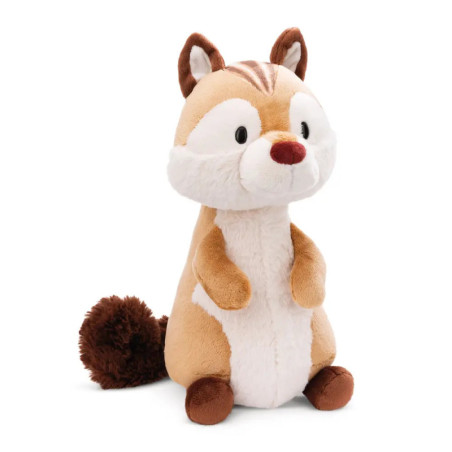 Plüsch-Eichhörnchen mit braun-cremefarbenem Fell, flauschigem Schwanz und roter Nase sitzt aufrecht.