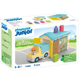 Playmobil Junior Set mit Lkw, Arbeiterfigur und Gebäude, geeignet für Kinder von 1 bis 4 Jahren.