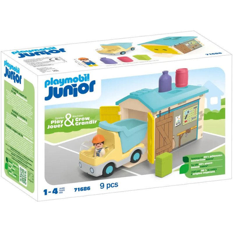 Playmobil Junior Set mit Lkw, Arbeiterfigur und Gebäude, geeignet für Kinder von 1 bis 4 Jahren.