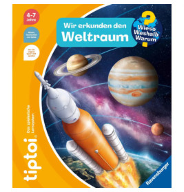 Eine orangefarbene Rakete fliegt an Planeten vorbei. Text: Wir erkunden den Weltraum.
