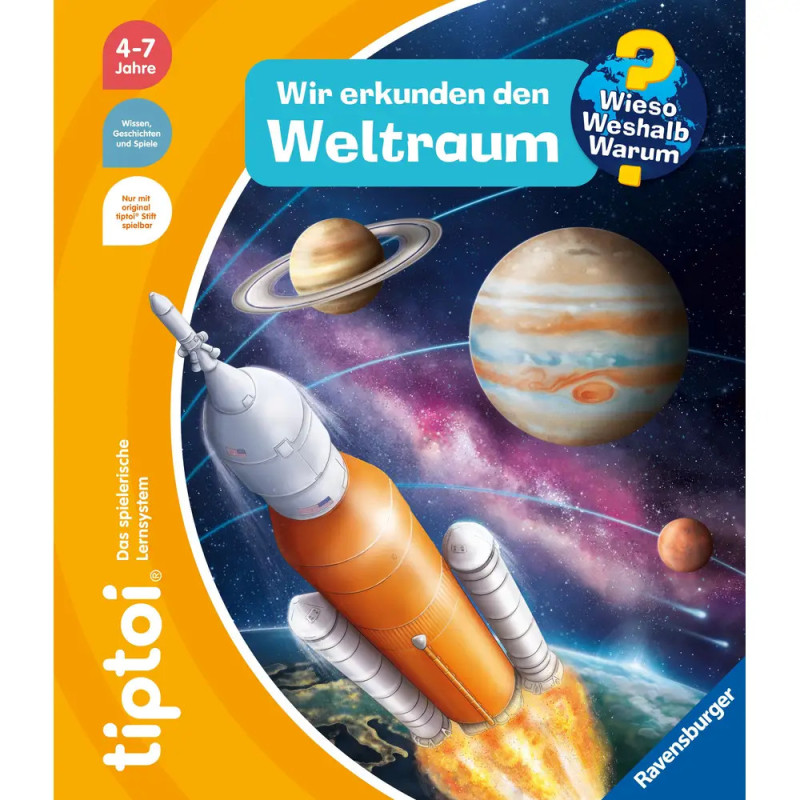 Eine orangefarbene Rakete fliegt an Planeten vorbei. Text: Wir erkunden den Weltraum.