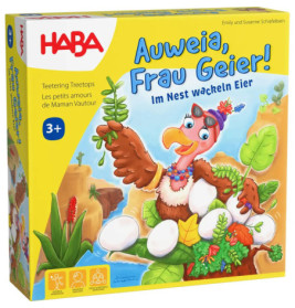 Bunte Brettspielbox mit Geier, Eiern, Pflanzen und dem Titel Auweia, Frau Geier!.