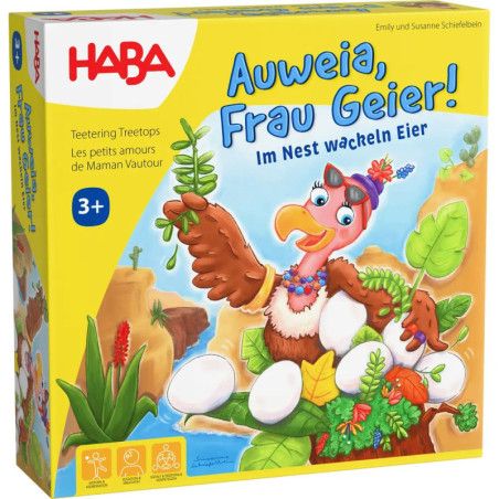 Bunte Brettspielbox mit Geier, Eiern, Pflanzen und dem Titel Auweia, Frau Geier!.
