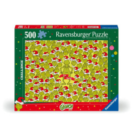 500-teiliges Ravensburger Puzzle mit vielen Grinchs in Weihnachtsmützen und dem Text Im Back! in der Mitte.