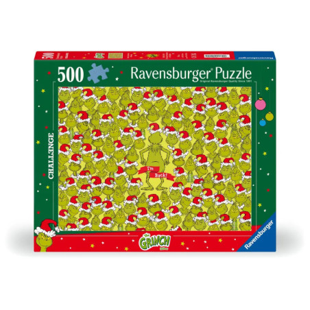 500-teiliges Ravensburger Puzzle mit vielen Grinchs in Weihnachtsmützen und dem Text Im Back! in der Mitte.