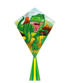 Drachen mit grünem T. rex-Motiv vor Vulkan und Bergen im Hintergrund.