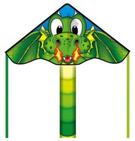 Ein bunter Drachen mit Comic-Drachengesicht, grünen Flügeln und Feuer, das aus den Nüstern kommt.