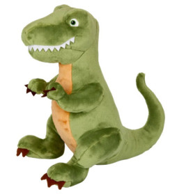 Ein grüner Plüsch-Dinosaurier mit großem Lächeln, kleinen Armen und beiger Bauchdecke sitzt aufrecht.