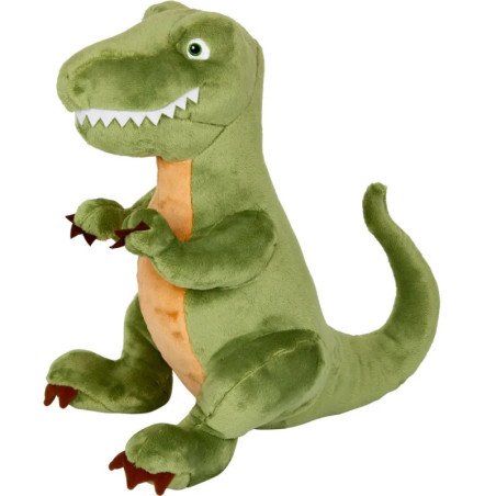 Ein grüner Plüsch-Dinosaurier mit großem Lächeln, kleinen Armen und beiger Bauchdecke sitzt aufrecht.