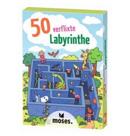 Bunte Box mit 50 verzwickten Labyrinthen, Cartoon-Tieren und Kindern im Irrgarten, ab 6 Jahren geeignet.