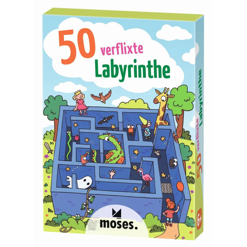 Bunte Box mit 50 verzwickten Labyrinthen, Cartoon-Tieren und Kindern im Irrgarten, ab 6 Jahren geeignet.