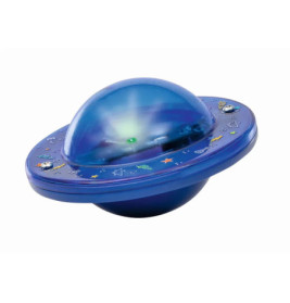 Blaues UFO-Spielzeug mit Klarsichtkuppel, kleinen Lichtern und bunten Sternen sowie Weltraum-Symbolen verziert.