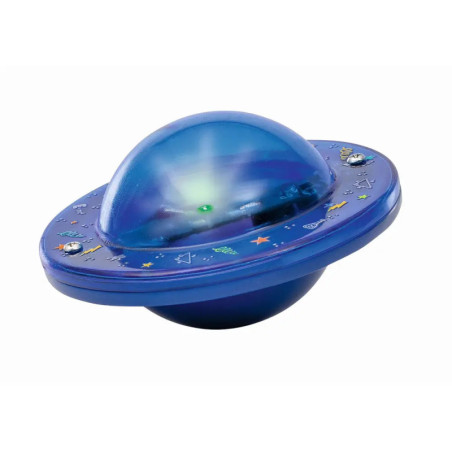 Blaues UFO-Spielzeug mit Klarsichtkuppel, kleinen Lichtern und bunten Sternen sowie Weltraum-Symbolen verziert.