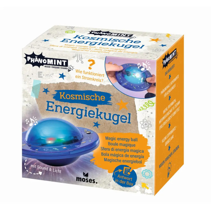 Verpackung des Kosmische Energiekugel-Experimentiersets mit blauer Energiekugel und buntem Weltraumdesign.