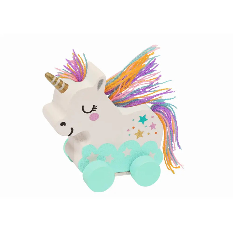 Holzeinhorn auf Rädern mit bunter Garnmähne, goldenem Horn und Sternverzierung an der Seite.