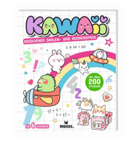 Buntes Mathe-Übungsbuch mit Tieren, Regenbogen, Zahlen und deutschem Text für Kinder ab 6 Jahren.