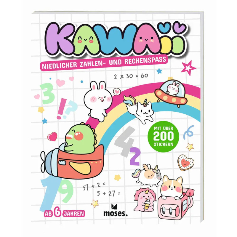 Buntes Mathe-Übungsbuch mit Tieren, Regenbogen, Zahlen und deutschem Text für Kinder ab 6 Jahren.