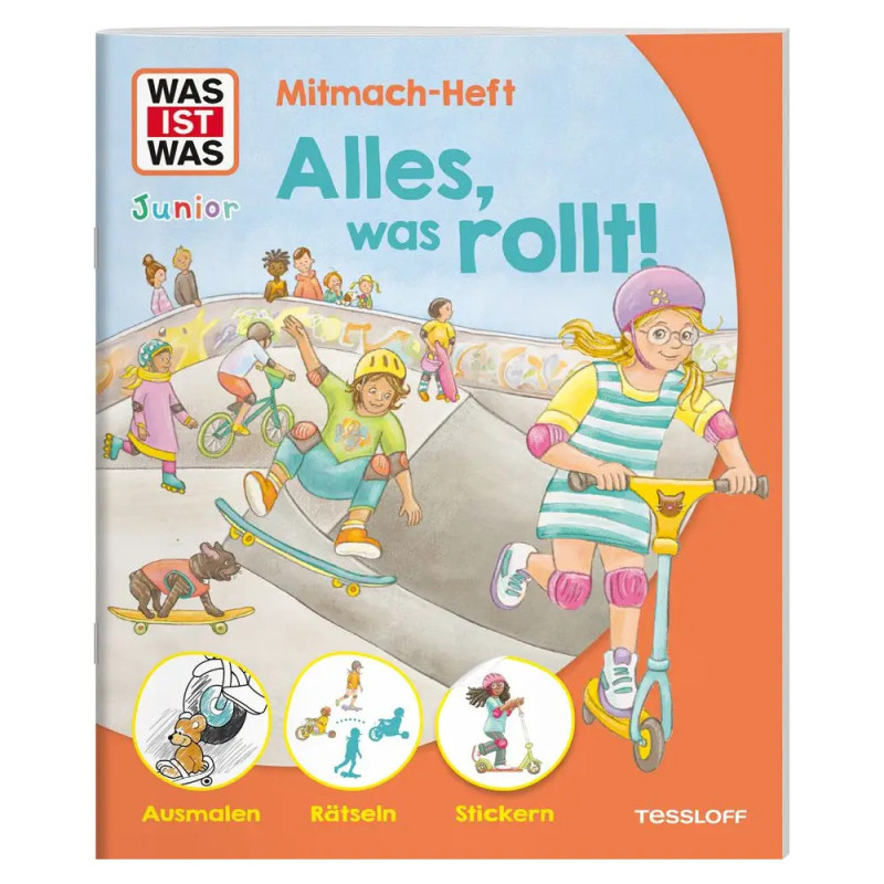 Kinder fahren Scooter, Skateboard und Fahrrad im Skatepark auf dem bunten Cover eines Activity-Buchs.