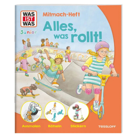 Kinder fahren Scooter, Skateboard und Fahrrad im Skatepark auf dem bunten Cover eines Activity-Buchs.