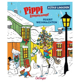 Pippi Langstrumpf reitet auf einem Pferd neben einem geschmückten Weihnachtsbaum im verschneiten Dorf mit bunten Häusern.