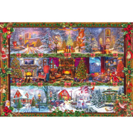 Bunte Collage mit weihnachtlichen Szenen: verschneite Straßen, festliche Häuser, geschmückte Bäume und Feiern.