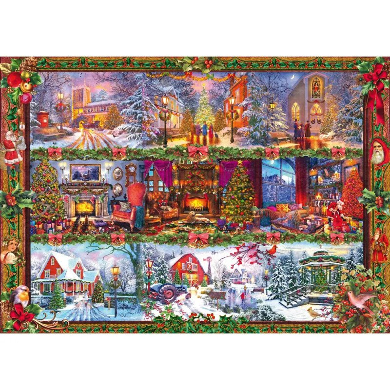 Bunte Collage mit weihnachtlichen Szenen: verschneite Straßen, festliche Häuser, geschmückte Bäume und Feiern.