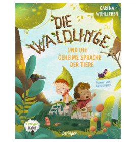 Zwei Kinder in Waldkostümen sitzen zwischen Pflanzen, dazu ein Vogel und eine Raupe. Deutscher Titel darüber.