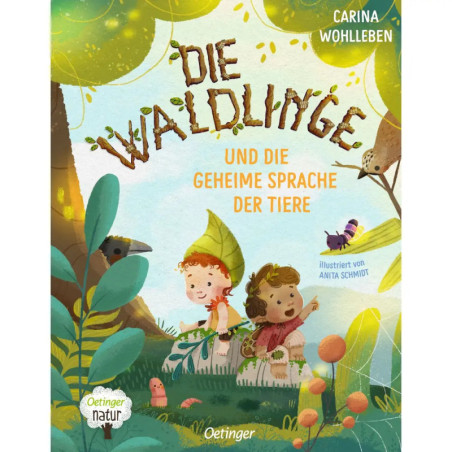 Zwei Kinder in Waldkostümen sitzen zwischen Pflanzen, dazu ein Vogel und eine Raupe. Deutscher Titel darüber.