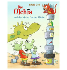 Zwei grüne Wesen und ein Drache blicken zu einem roten Drachen auf, der auf Dosen und Gläsern sitzt Buchcover-Illustration.