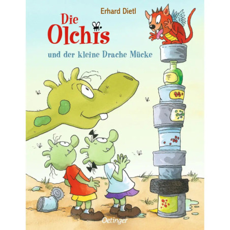 Zwei grüne Wesen und ein Drache blicken zu einem roten Drachen auf, der auf Dosen und Gläsern sitzt Buchcover-Illustration.