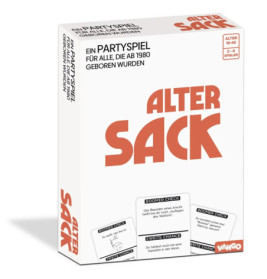 Spiel Alter Sack: Box mit Karten, für 2-6 Spieler ab Jahrgang 1980, empfohlenes Alter 18-65 Jahre.
