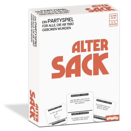 Spiel Alter Sack: Box mit Karten, für 2-6 Spieler ab Jahrgang 1980, empfohlenes Alter 18-65 Jahre.