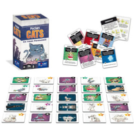 Pocket Cats Kartenspiel mit illustrierten Katzenkarten, Spielregeln und Box auf weißem Untergrund.