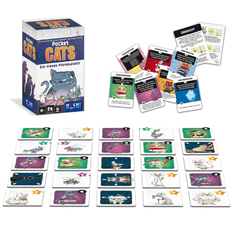 Pocket Cats Kartenspiel mit illustrierten Katzenkarten, Spielregeln und Box auf weißem Untergrund. Pocket Cats Kartenspiel mit illustrierten Katzenkarten, Spielregeln und Box auf weißem Untergrund.