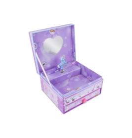 Lila Spieluhr mit herzförmigem Spiegel und blauer Ballerina-Figur im Inneren.