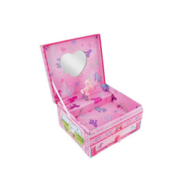Rosa Schmuckkästchen mit herzförmigem Spiegel, drehender Ballerina sowie Einhorn- und Herzverzierung.