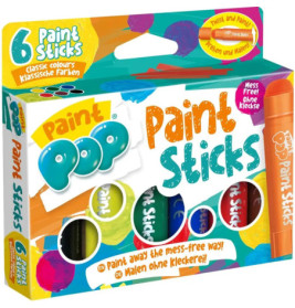 Box mit 6 Paint Pop Paint Sticks in klassischen Farben, auf der Verpackung ist ein orangefarbener Muster-Stift abgebildet.